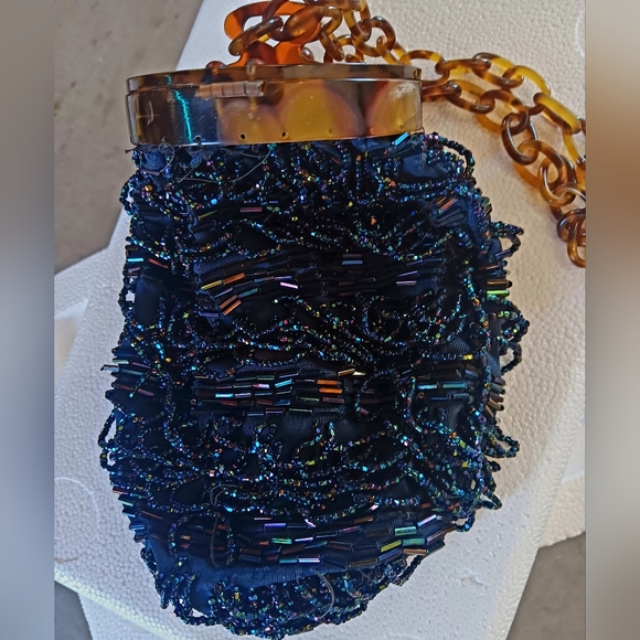 Vintage Blue/Green Beaded "Grenade" Wrist Bag C.1980s - Picture 5 of 7